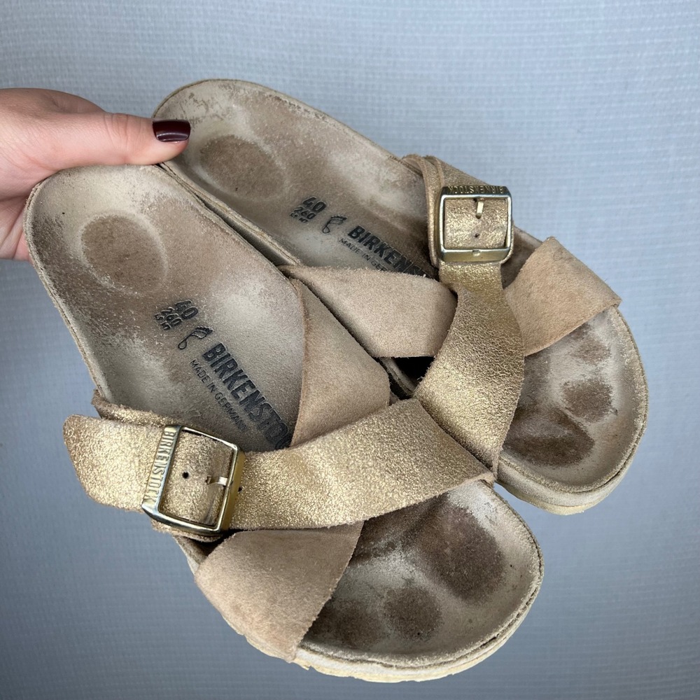 Birkenstock Arizona 9 Metallic Gold Leather Double Strap‎ Buckle Sandals Size 40